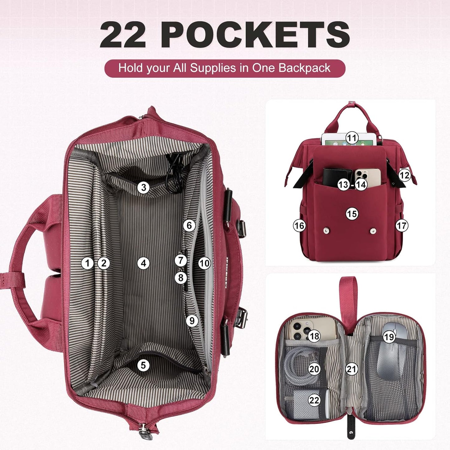 LOVEVOOK Laptop Backpack for Women Work Travel Backpack Teacher Commuter Business Computer Bag Doctor Nurse Bags College Backpack Purse, 15.6 Inch, Wine Red-black