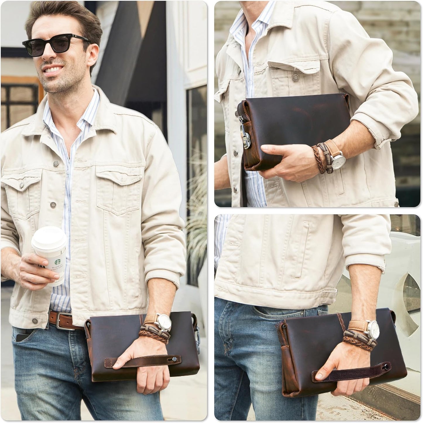 Top Grain Genuine Leather Clutch Wallet Purse for Man & Woman, Handmade Retro Design, Combination Lock & Retractable Strap & Multi Pockets/Slots, Portable RFID for Cards/Checks/Phone/Banknote, Coffee