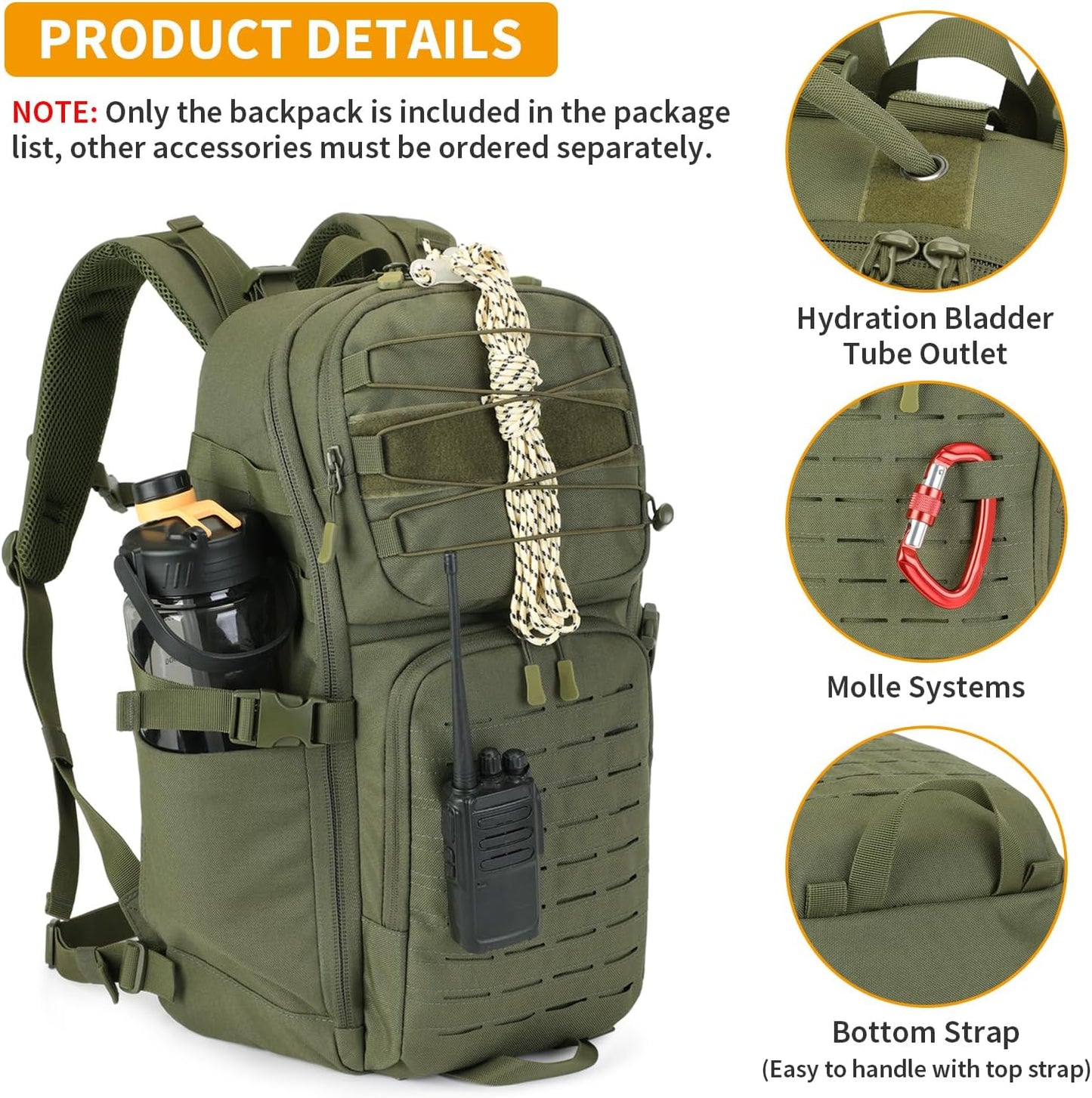HUNTVP Tactical Backpack for Men 35L Military Backpack MOLLE 1000D Army Daypack 3 Day Bug Out Bag for Work Camping Hiking Outdoor, Army Green