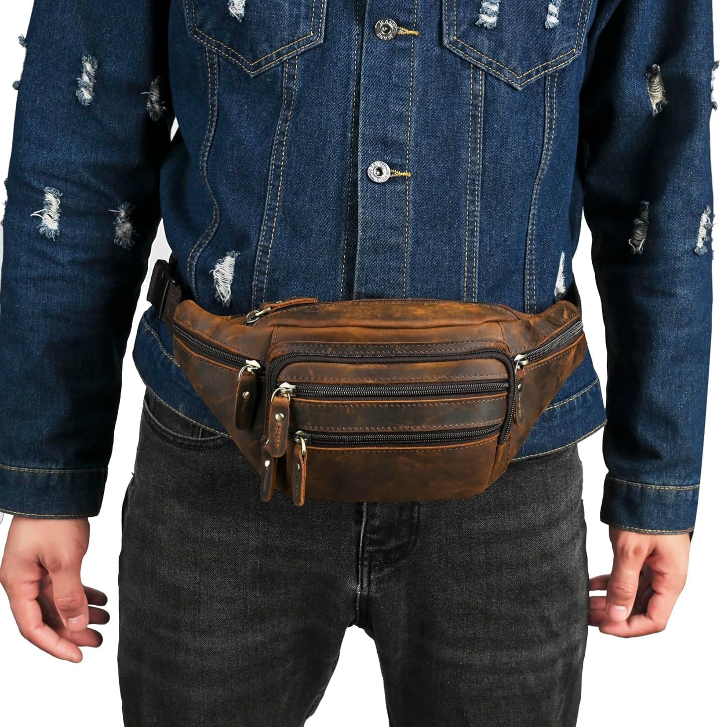 Thick Crazy Horse Leather Hiking Riding Travel Outdoor Belt Bag Fanny Waist Pack Small Phone Pouch For Men Women 380 (383 Brown)