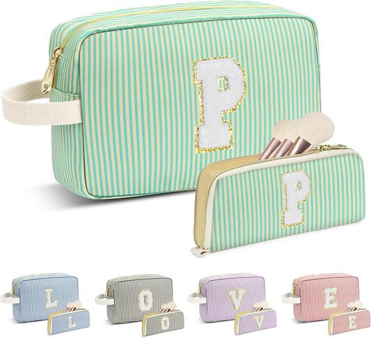 Travel Makeup Bag Christmas Gifts for Women Girl Teens, Personalized Initial Makeup Bag for Cute Teen Girls, Preppy Stuff Toiletry Bag Cosmetic Bag, Teen Girls Gift Trendy Stuff, Letter P