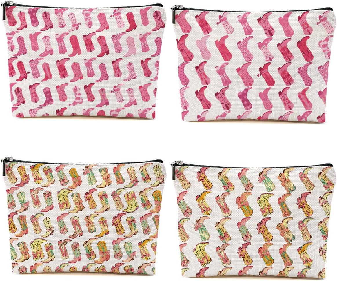 4PCS Secret Santa Gifts, Western Makeup Bag Pink Cowgirl Boots Cosmetic Bags for Women, Cowgirls Gifts for Women Girls Sisters Lady Boss Friends, Western Stuff Toiletry Zipper Pouch Cowboy Boots Gifts