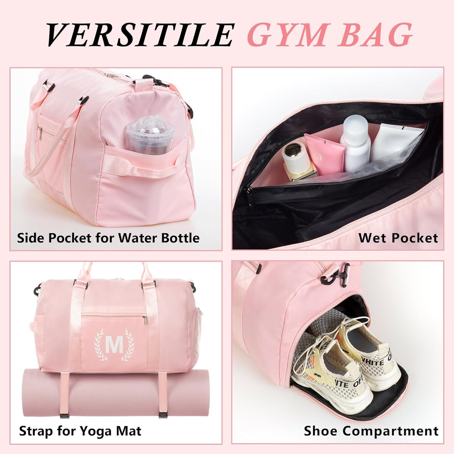 Gym Bag for Women, Personalized Duffle Bag with Shoe Compartment, Sports Bag for Yoga & Dance with Wet Pocket and Mat Strap.