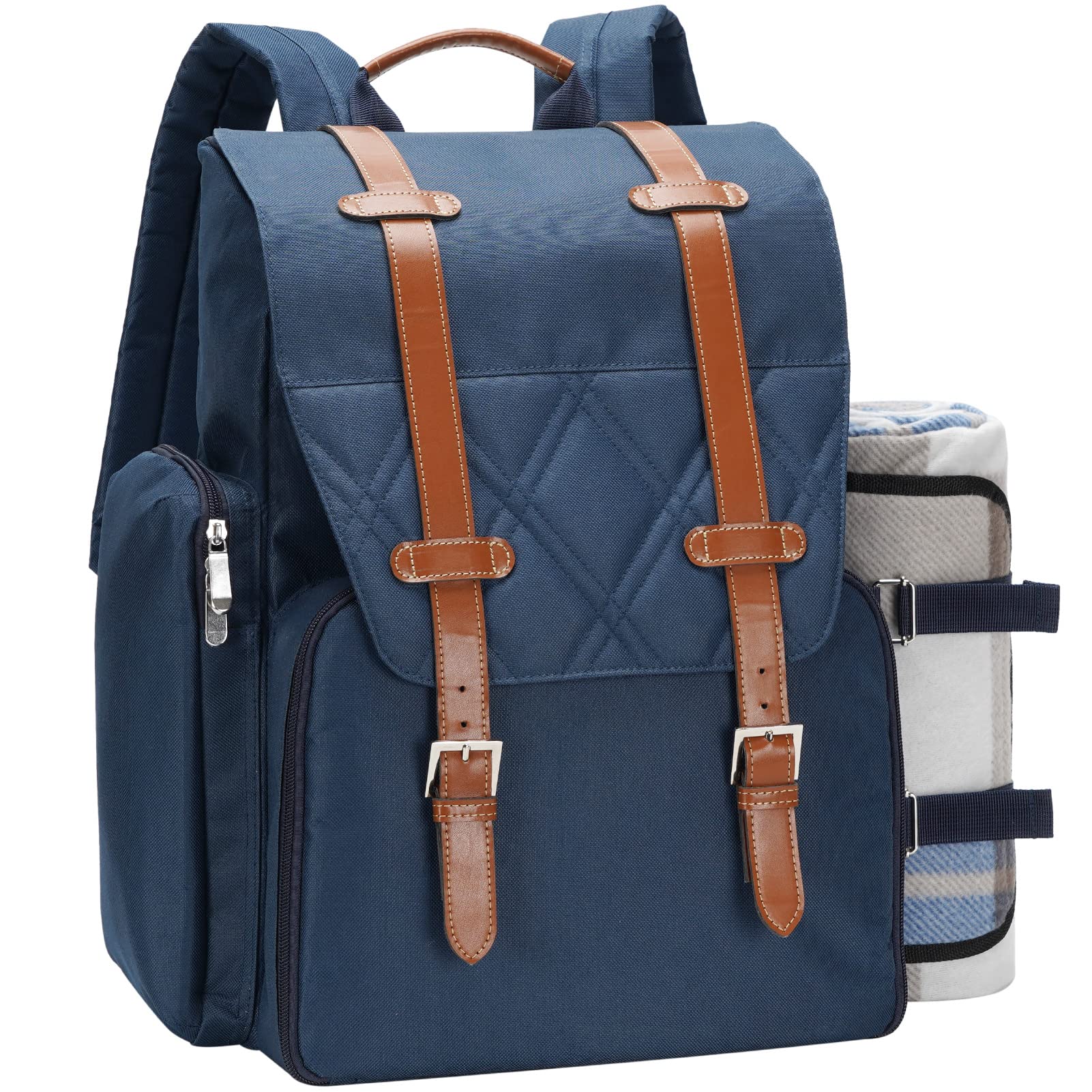 WICKERLAND Picnic Backpack for 4 Person w/Cooler & Waterproof Blanket,Blue