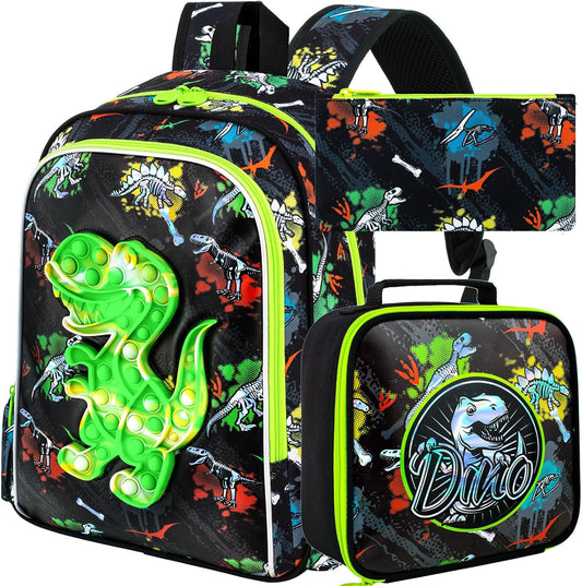 AGSDON 3PCS Dinosaur Backpack for Boys, 16" Kids Backpacks Water Resistant with Lunch Box, Bookbag for Elementary Preschool