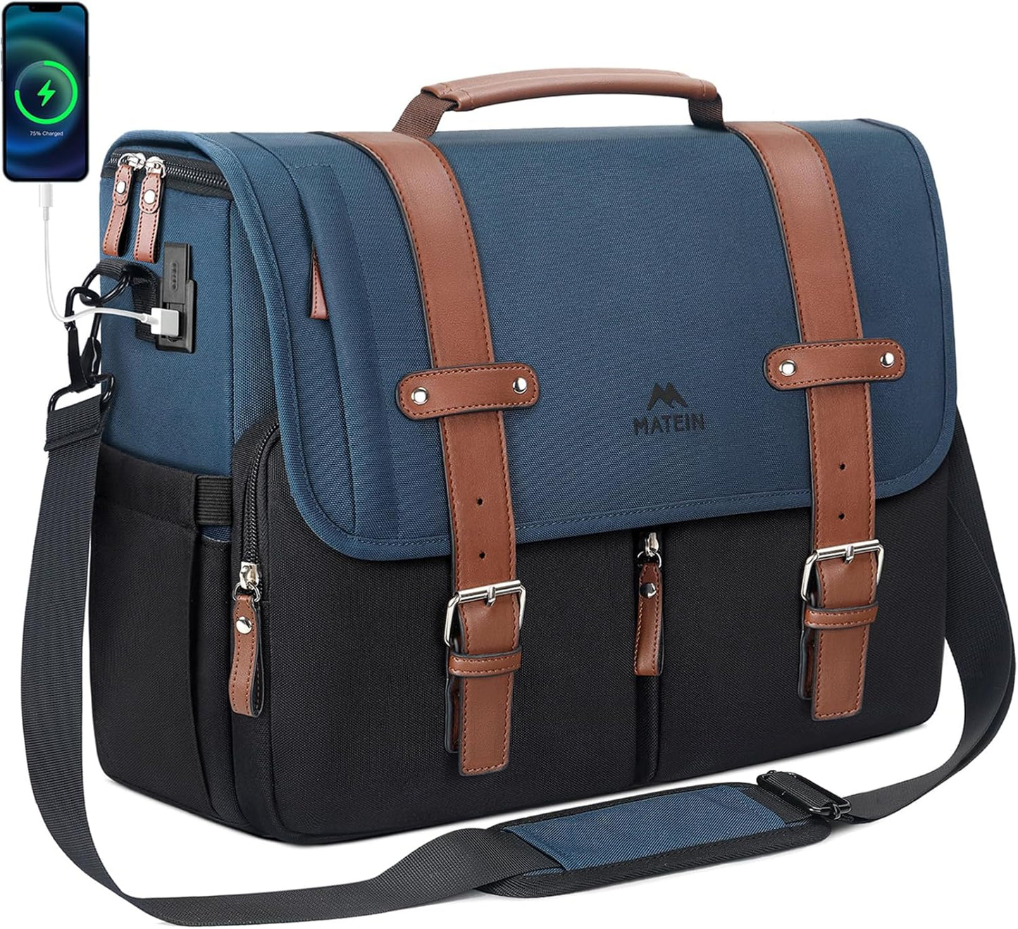 MATEIN Messenger Bag for School with USB Charging Port, Large Crossbody Satchel 15.6 inch Student College Laptop Bags with Shoulder Strap, Water Resistant Work Computer Briefcase for Office Commuting