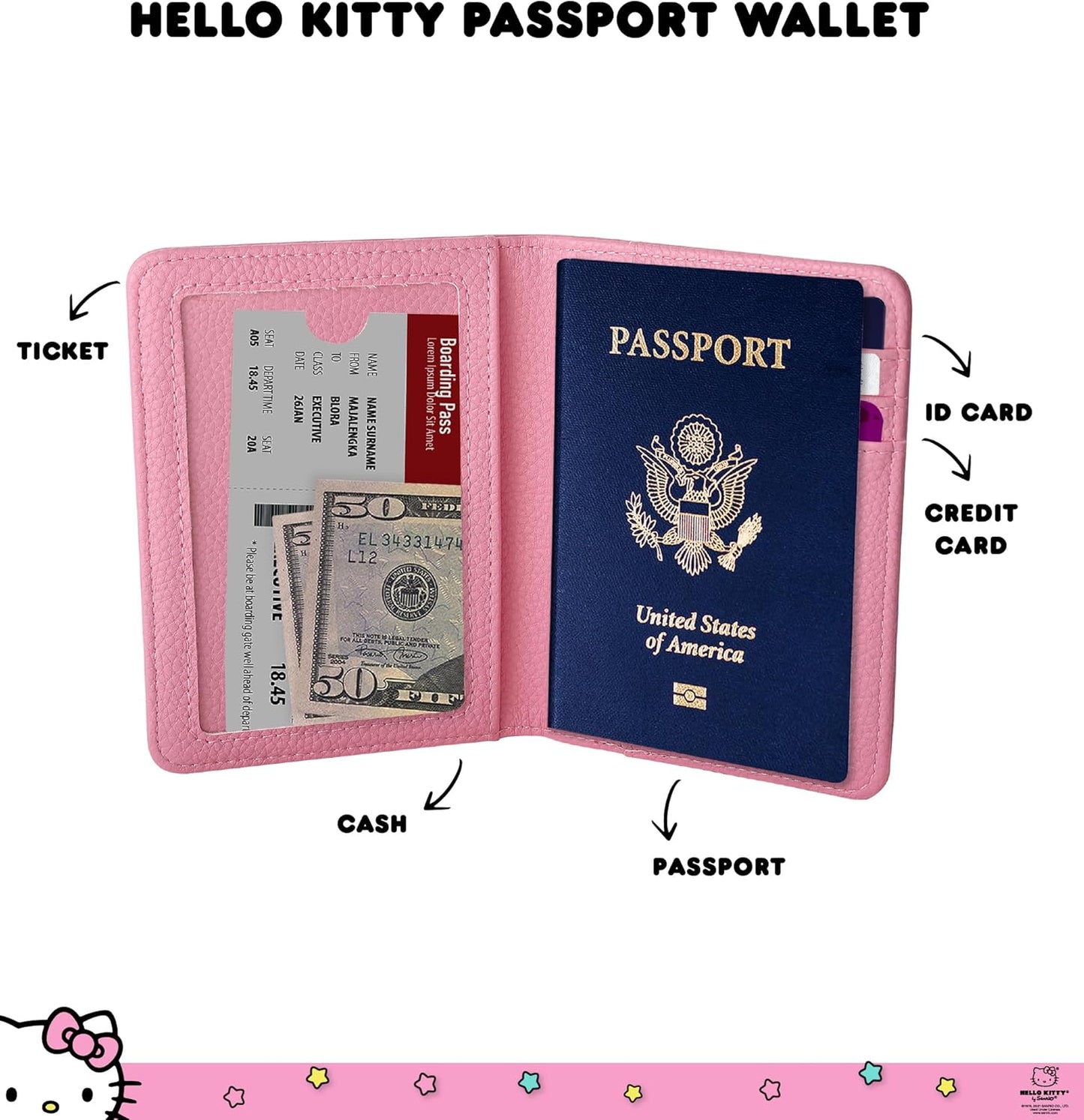 Hello Kitty Pebbled Pink Passport Holder for Travel Official License, Sanrio Passport Cover for Women