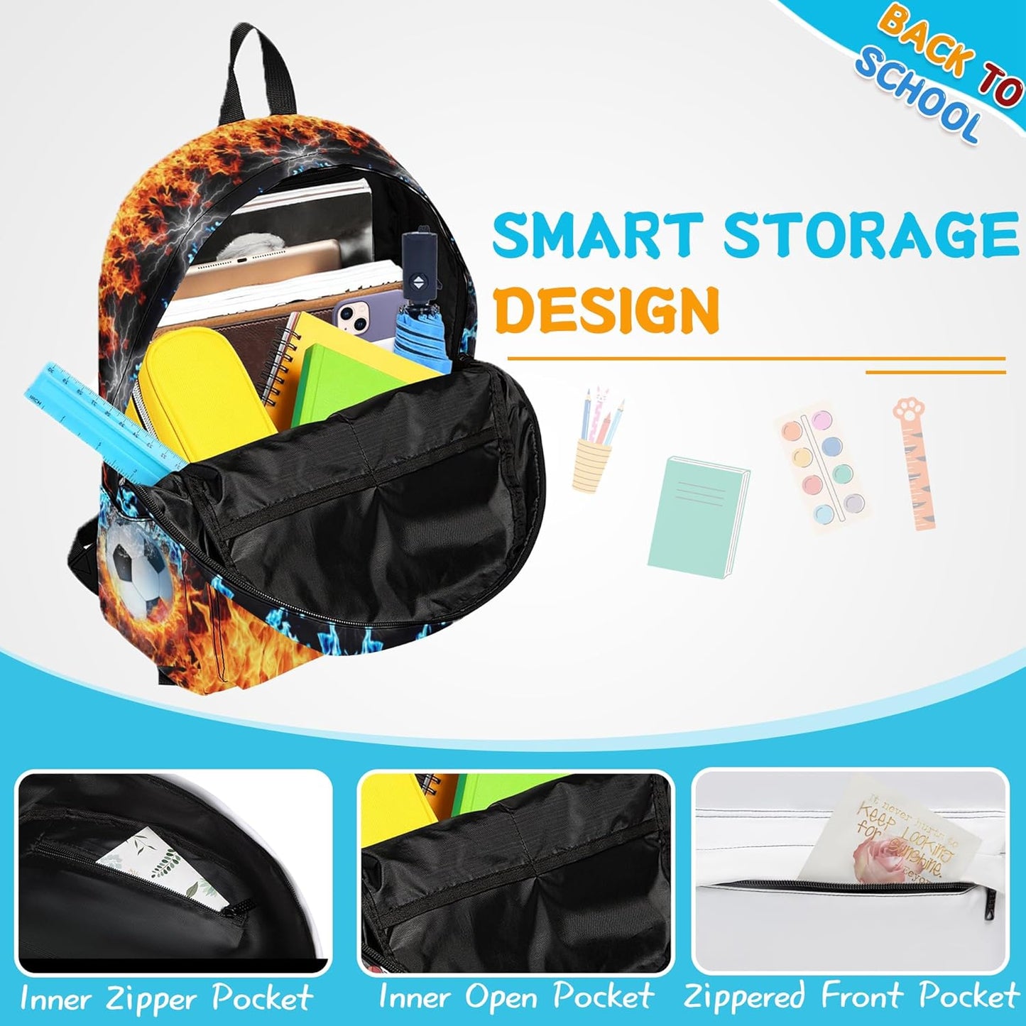 3PCS Soccer Backpack Set for Boys, Large Lightweight 17 Inch Backpack with Lunch Bag & Pencil Case for Kids, Back to School Cool Sports Bookbag for Elementary Middle School - Fire