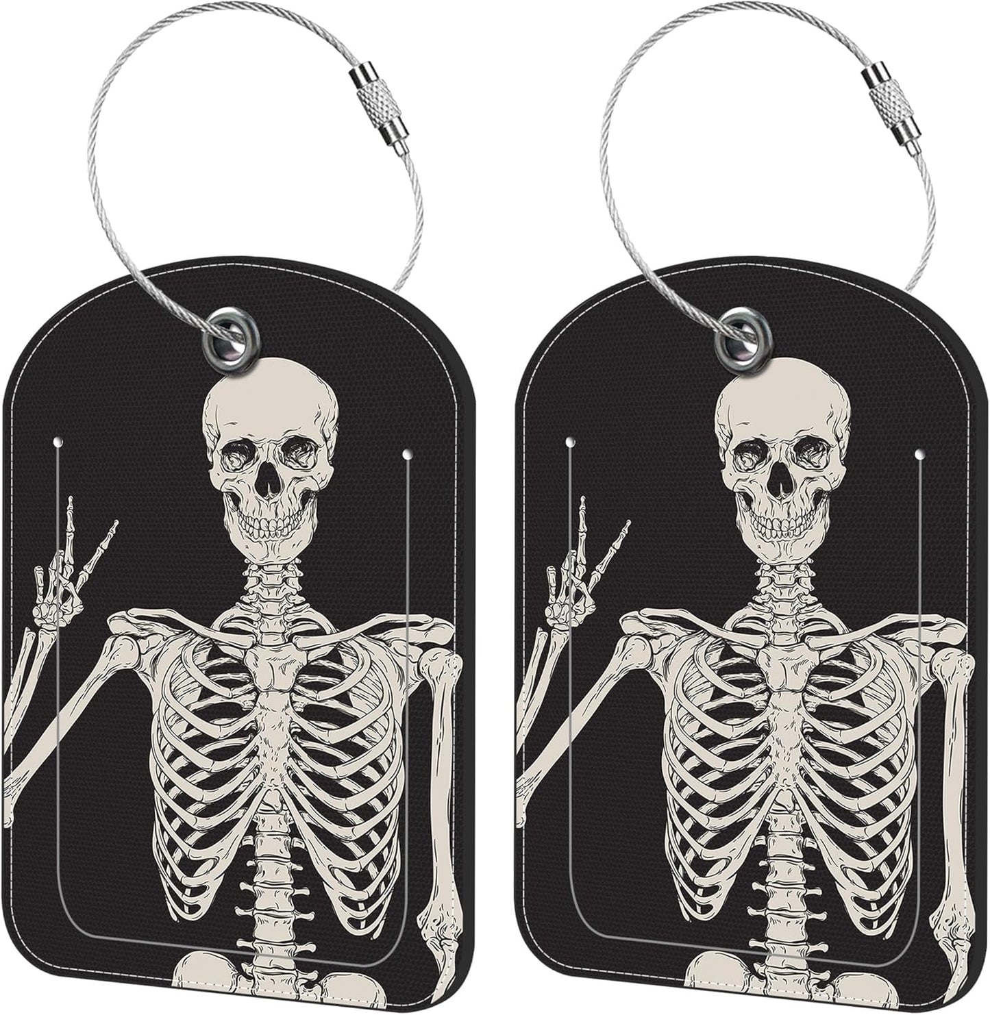 2 Pack Cute Luggage Tag for Suitcases Human Skeleton Leather Luggage Tags with Stainless Steel Loop Privacy Flap Name Tags,Men and Women Travel Bag Suitcase Tags