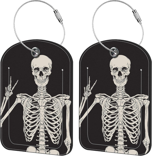 2 Pack Cute Luggage Tag for Suitcases Human Skeleton Leather Luggage Tags with Stainless Steel Loop Privacy Flap Name Tags,Men and Women Travel Bag Suitcase Tags