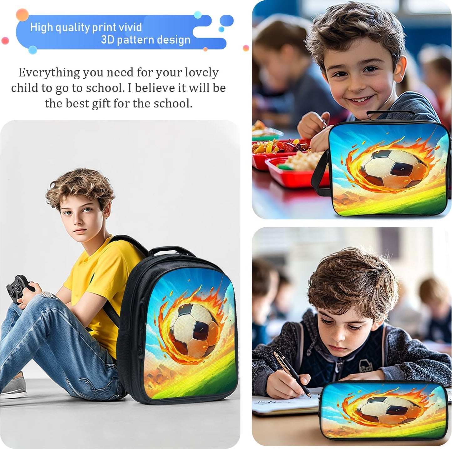 Soccer Backpack School Bag 3PCS Backpack 16 Inch with Lunch Bag Set Lightweight for Teen Boys Girls Kids Elementary Middle School