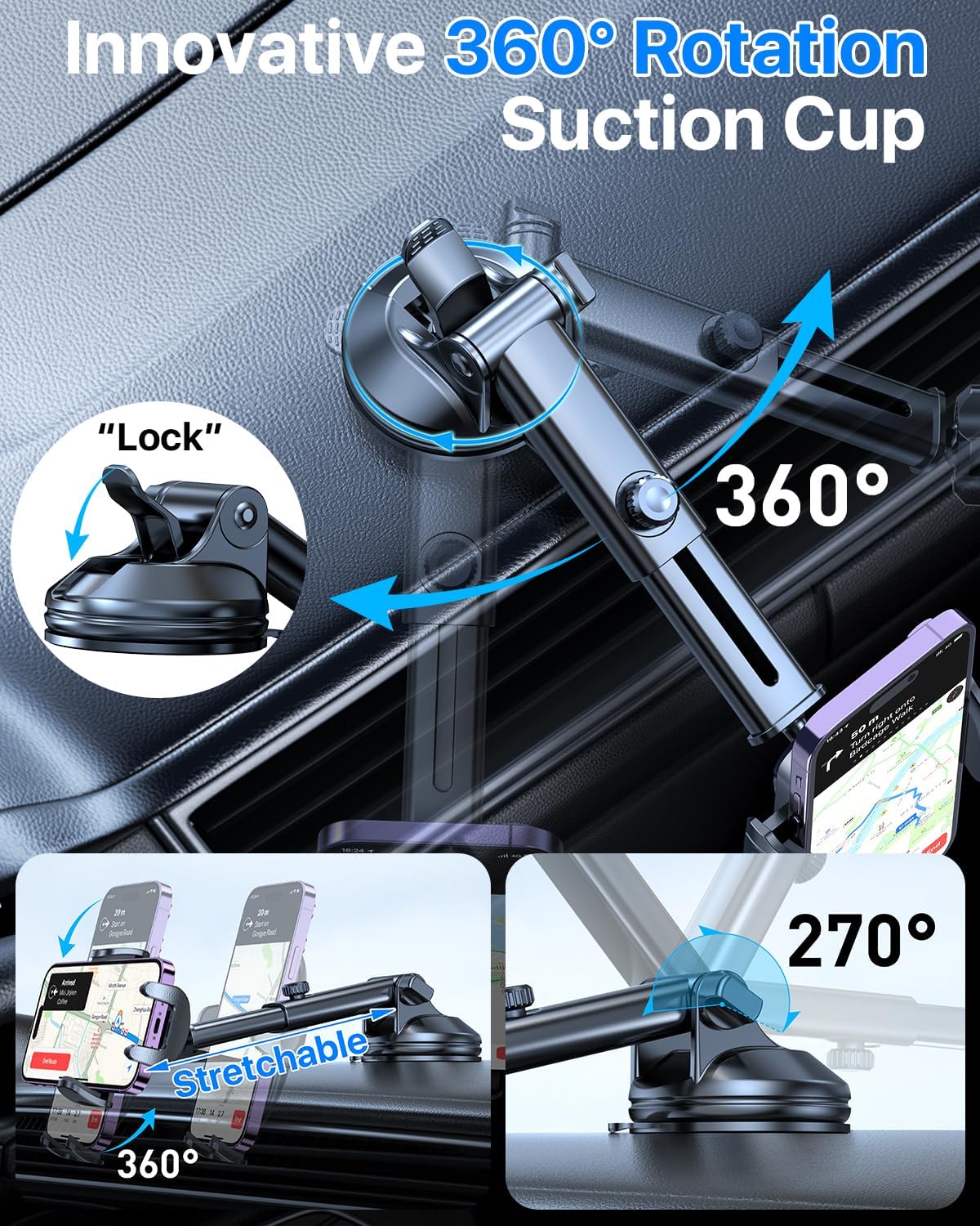 YRU [True Upgrade for Safety] Car Phone Holder Mount [Patent & Military-Grade] Dashboard Cell Phone Holder for Car Vent Windshield Phone Stand for iPhone 17 16 15 14 13 Pro Max Truck Samsung, Blue