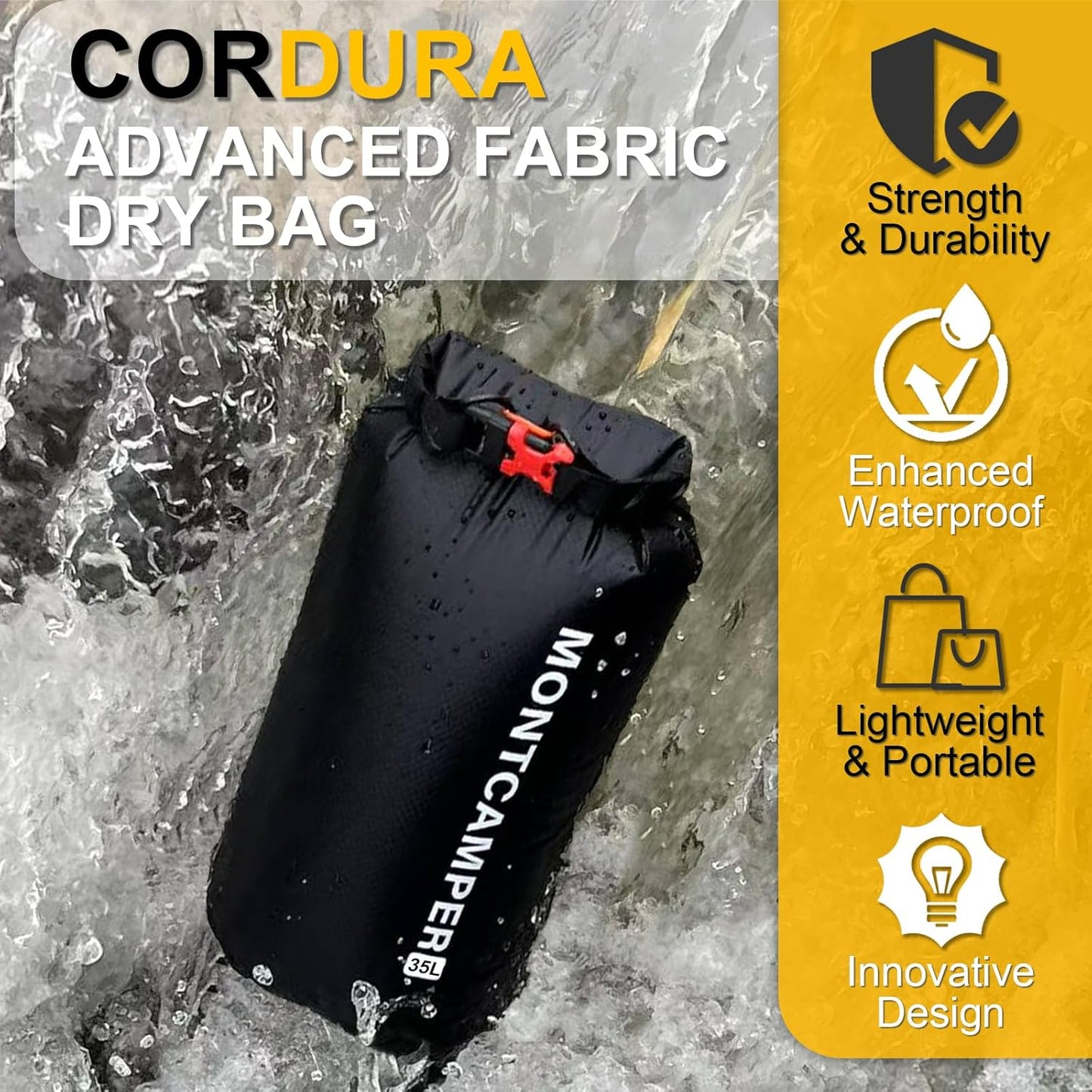 Waterproof Dry Bag-Upgraded Tear-resistant CORDURA Fabric-Durable&Lightweight Roll Top Dry Sack with Survival Whistle-Perfect for Hiking, Camping, Kayaking&Beach-Float on Water(35L/Black)