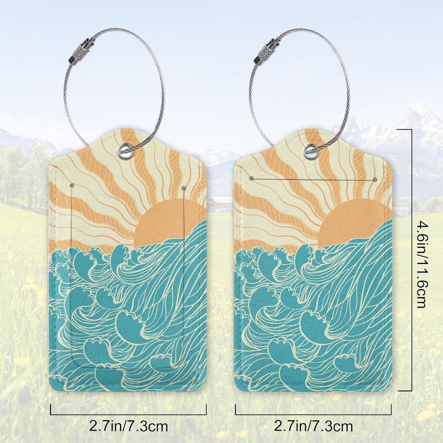2 Pack Leather Luggage Tag for Suitcase Wave at Dawn Ocean and Sun Japanese Style Unique Travel Tags with Privacy Cover ID Label & Stainless Steel Loop for Men and Women Baggage