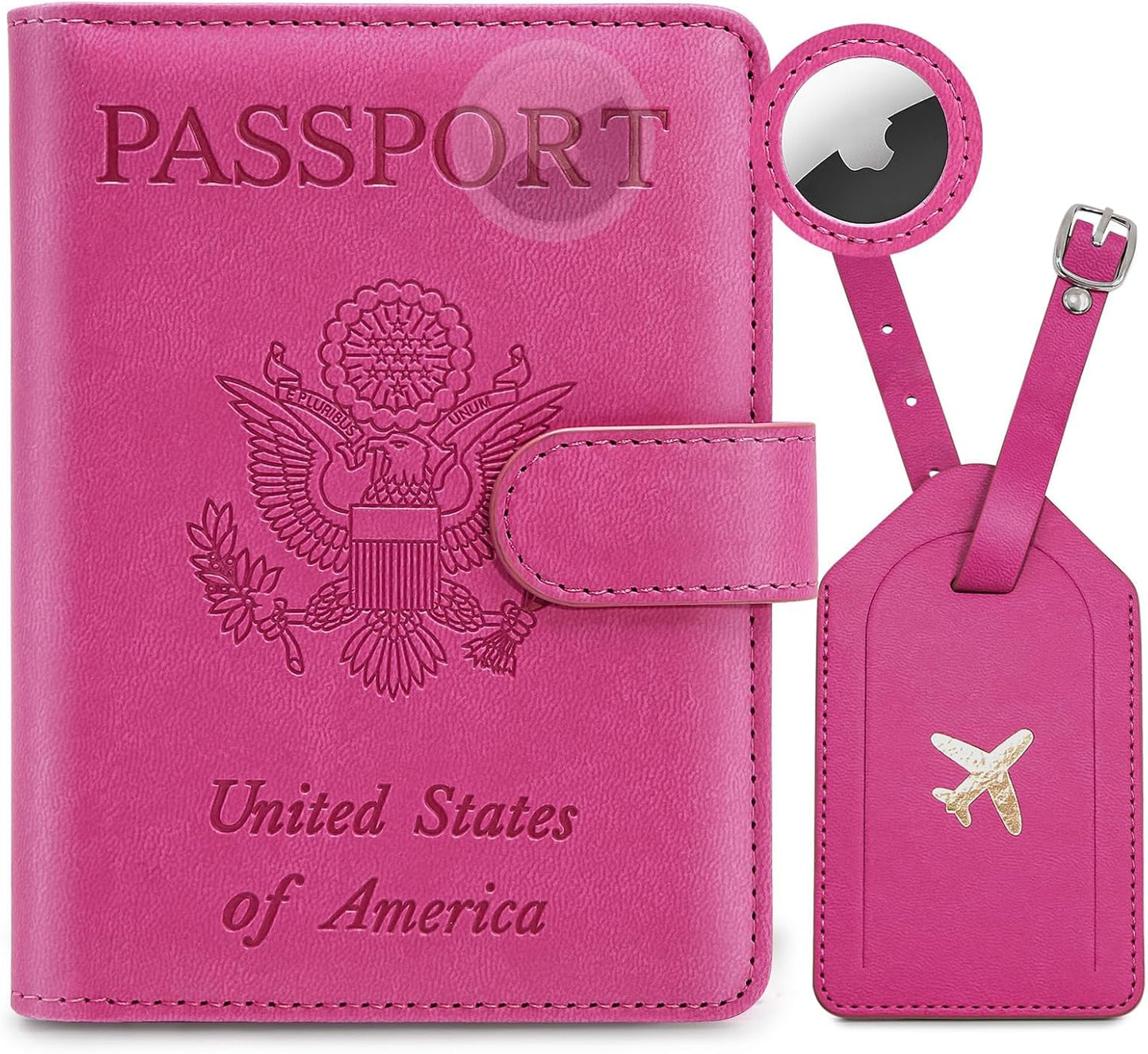 Passport Holder for Travel Family with Slot for AirTag & Luggage Tag Cover, – RFID Blocking Passport Wallet for Women & Girl | PU Leather Passport Cover Case with Money Pocket – Pink