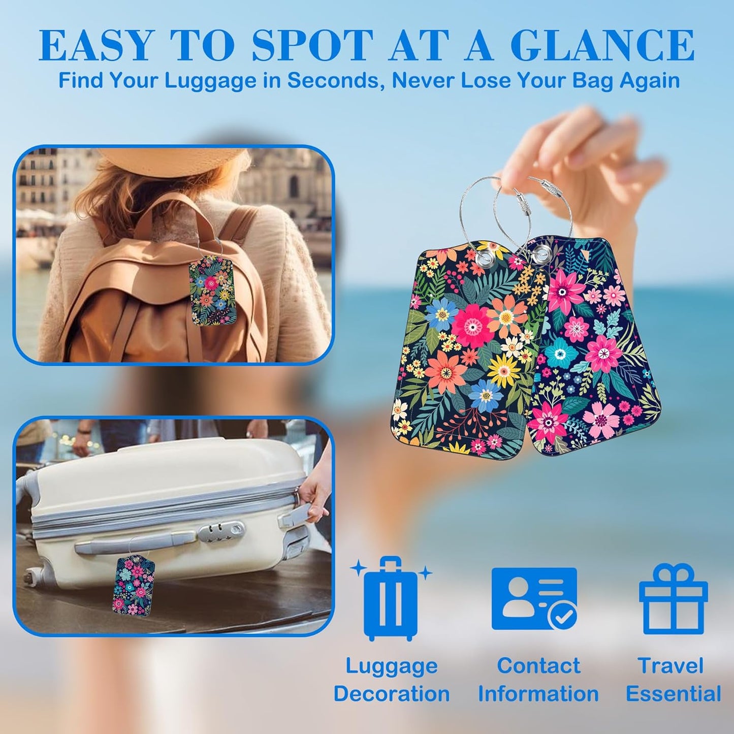2 Pack Colorful Flowers and Leaves Luggage Tags PU Leather Suitcase Tags with Stainless Steel Loop Privacy Cover ID Label for Women Men Travel Bag Accessories
