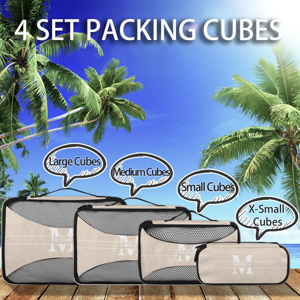 Personalized Compression Packing Cubes with Name Initial Letter, Beige Color 4 Set Mesh Travel Organizer Bags for Carry on, Luggage, Suitcase