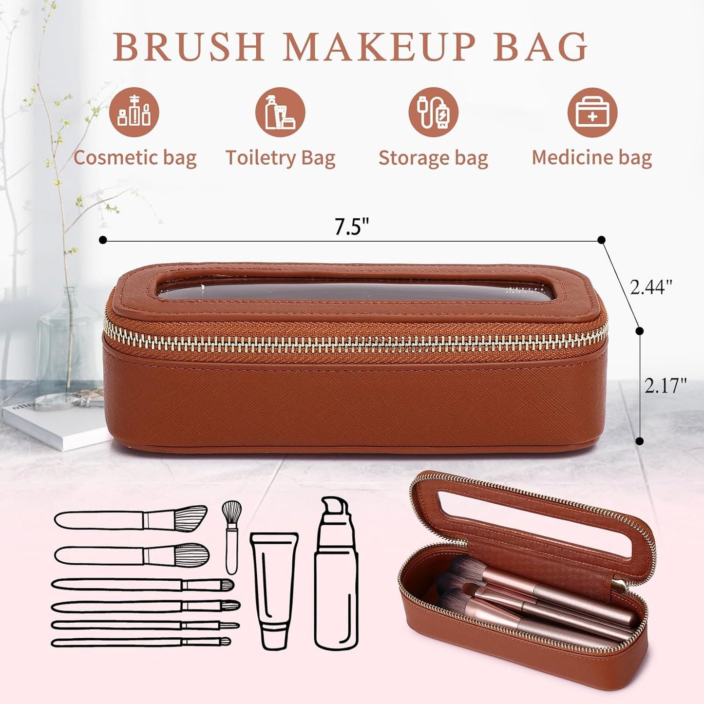 Clear Travel Makeup Bag with Brush Bag Portable Transparent Cosmetic Bag and Toiletry Bag Waterproof Clear Makeup Bag with Zipper Car Bag for Women (Brown, L+Slim)