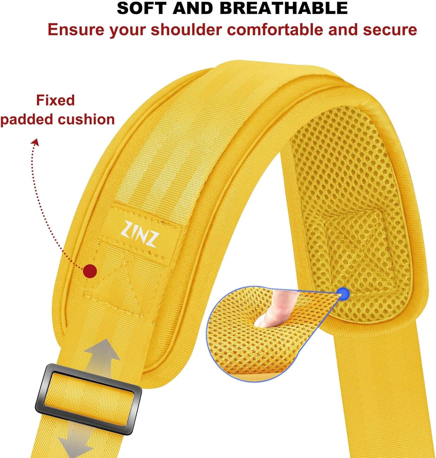 ZINZ Shoulder Strap - 59 Inch Universal Heavy-duty Adjustable Strap with Ultra-thick Fixed Breathable Pad for Laptop, Gym, Camera Bag and More -Yellow