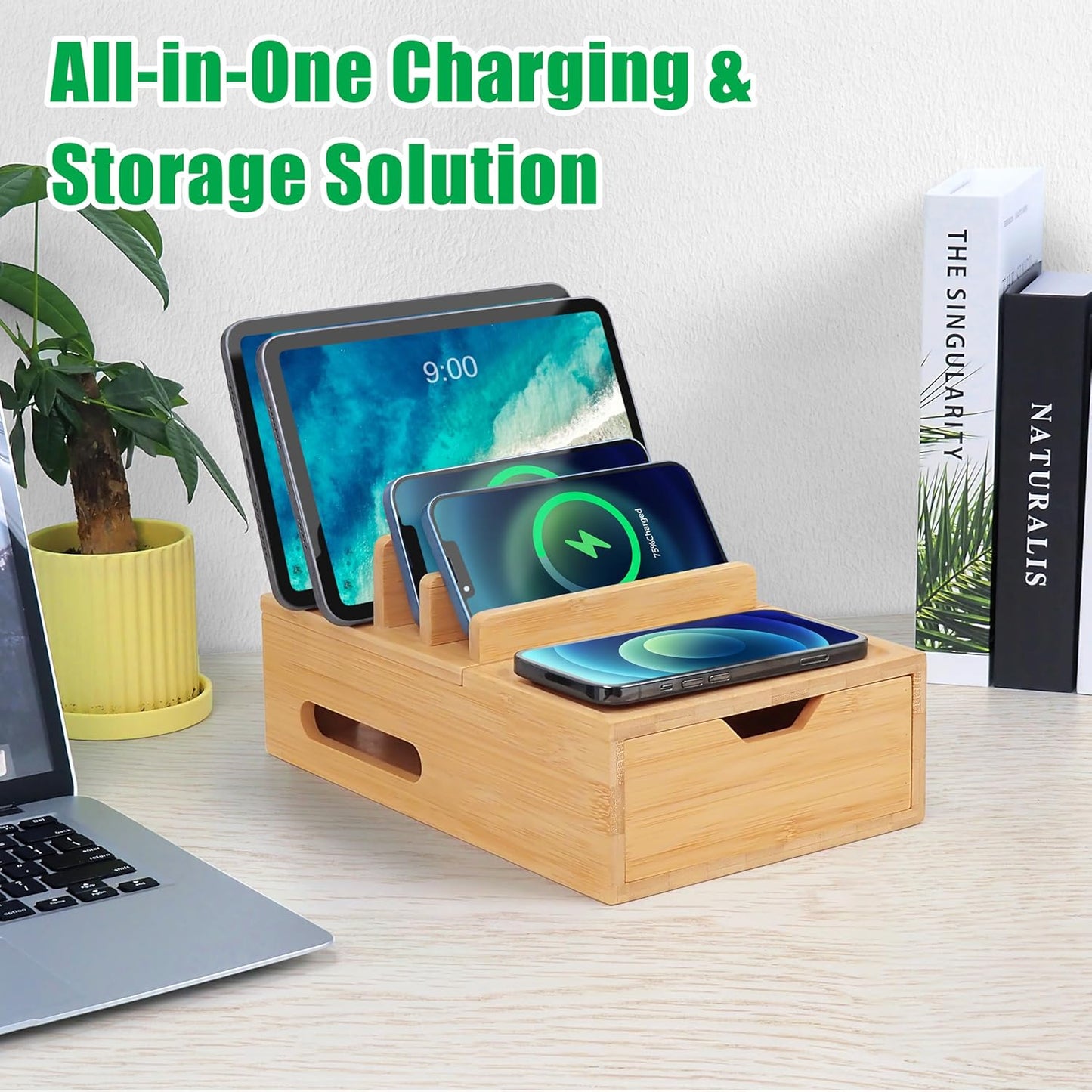 Bamboo Charging Station for Multiple Devices, Desk Charging Organizer with Drawer & Tray, Wood Docking Station Included 6 Cables, Compatible with iPhone Devices, Cell Phone, Tablet (No USB Charger)