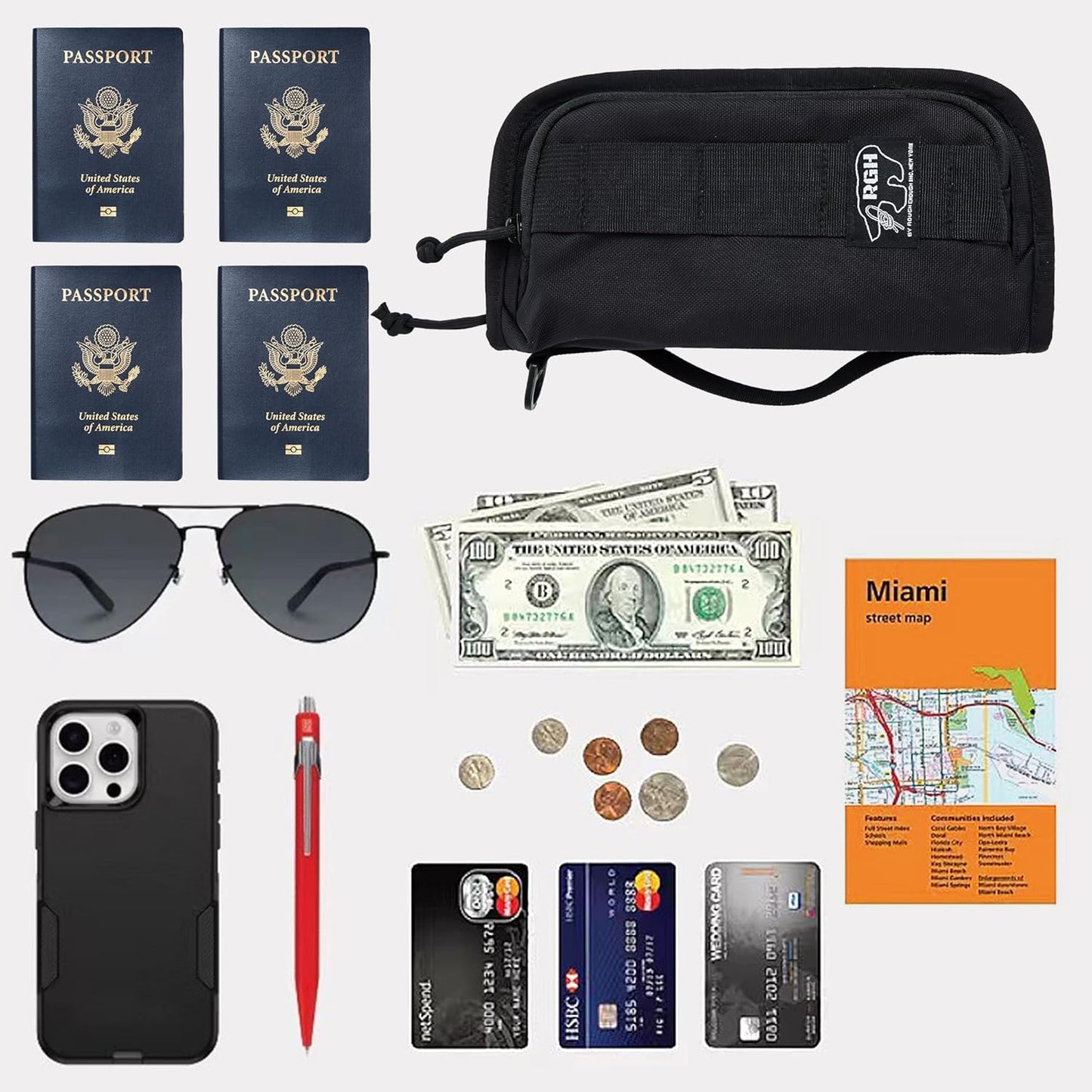 Rough Enough Passport Wallets RFID Passport Holder Wallet Sleeve for Travel Family with Crossbody Shoulder Strap Neck Portable Waterproof Black Cordura