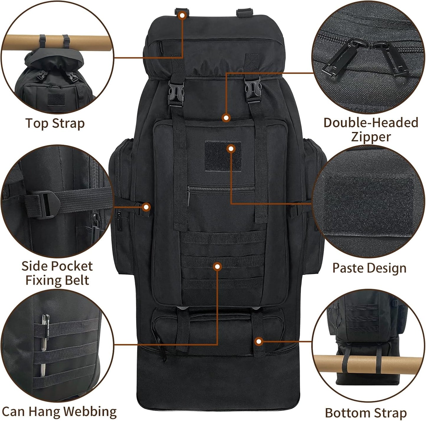 Hiking Backpack, 100L Large Camping Backpack, Expandable Waterproof MOLLE Rucksack, Outdoor Sport Travel Daypack Military Tactical Back pack for Men Women (Black)