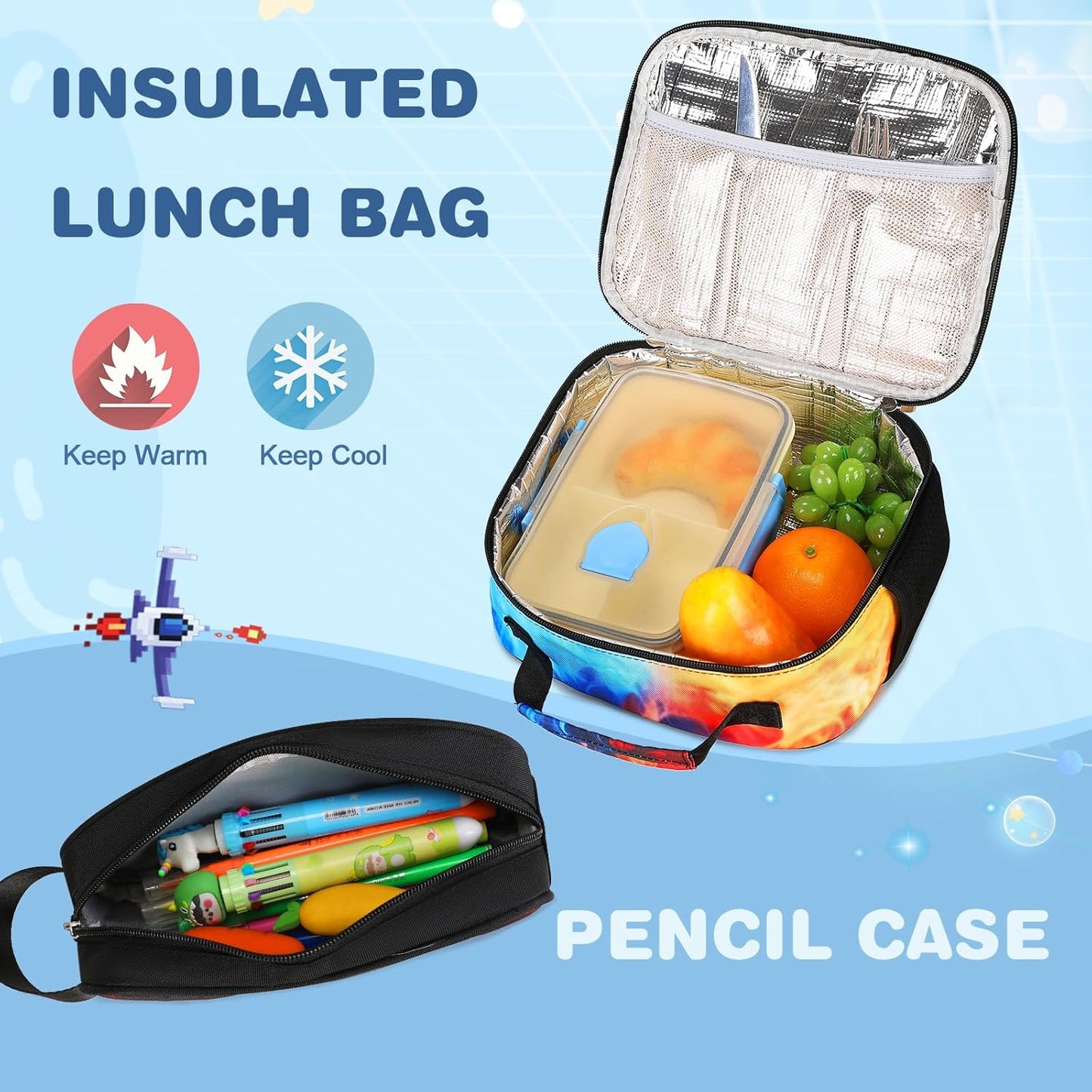 Bevalsa Backpack for Boys, School Bags for Kids, Bookbag for Boys Girls Children Teens Backpacks for Elementary Middle High school Student, Bookbag and Lunch Bag Set with USB Charging Port (Flame)