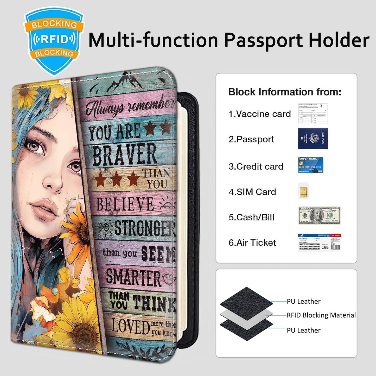 Passport Holder Women Wallet with Luggage Tag, Leather Passport Cover with RFID Blocking, Travel Accessories Multi Card Slot Passport Case for Men，Sunflower Girl Inspirational Quotes