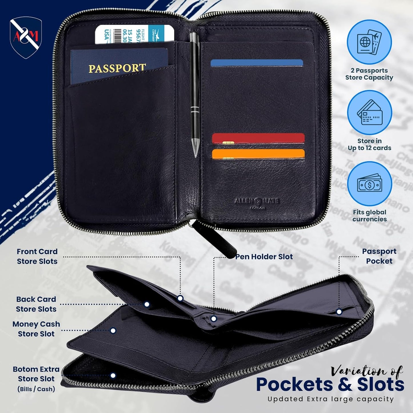 ALLEN & MATE Passport Holder Travel Wallet, 100% Leather RFID Blocking Travel Document Organiser for Men & Women