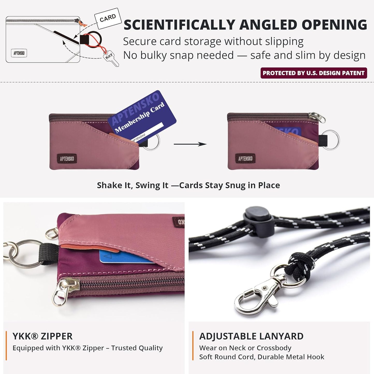 RFID Travel Wallet with Adjustable Lanyard-Zipper Small Wallet with ID Card Holder, Keychain for women&men-Minimalist Slim Waterproof Nylon case for ID, Cash, Key (Mauve+Plum Wine)