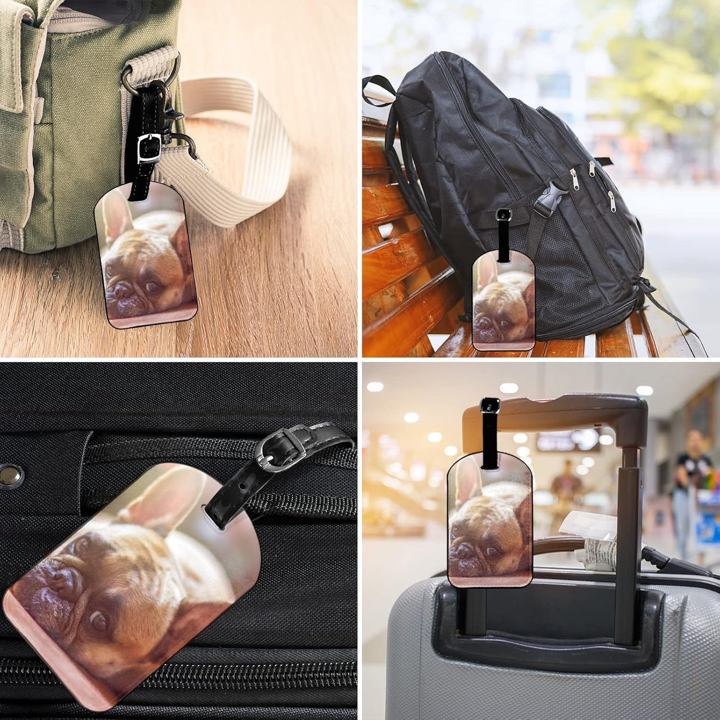 French Bulldog Luggage Tag Dog Face Eyes Animal Sadness Pet Suitcase Tag with Strap for Handbag School Bag Label ID, 1 Pack