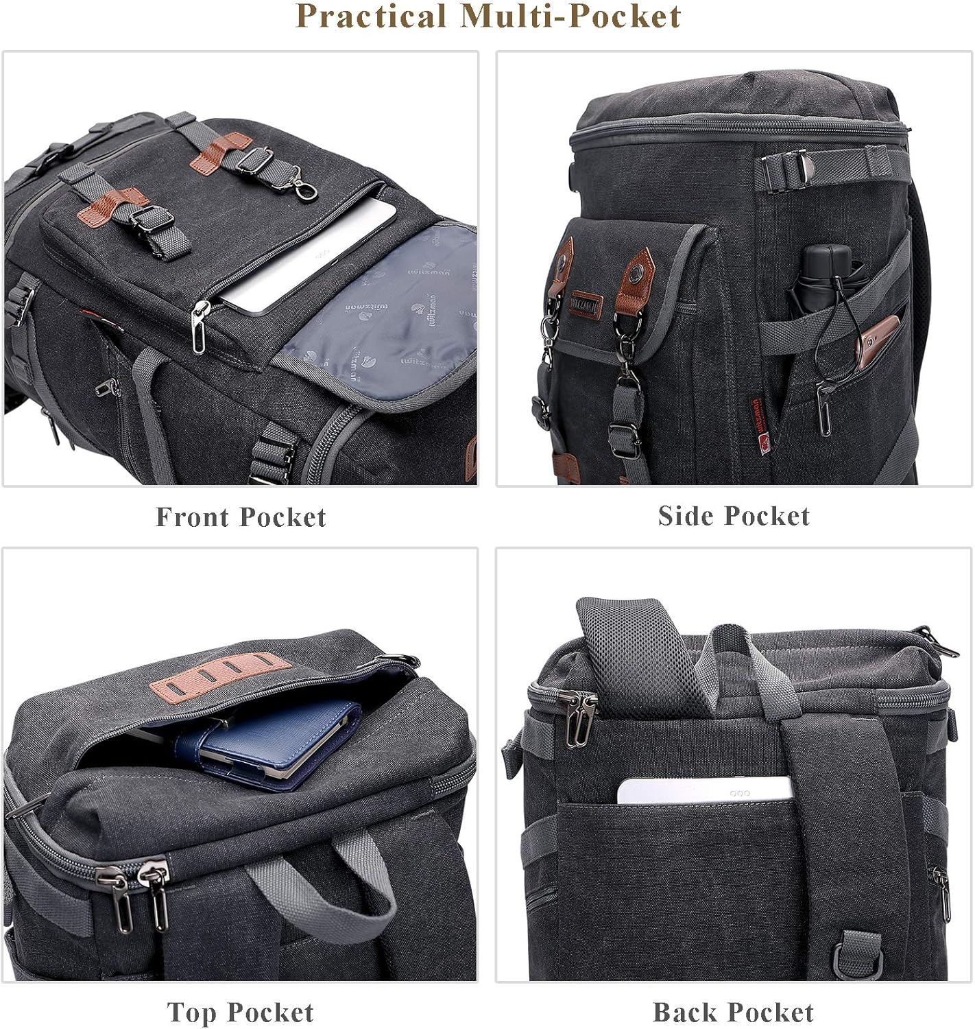 WITZMAN Travel Backpack for Men Women Canvas Backpack Carry on Luggage Rucksack Convertible Duffel Bag Large (A568 Black)
