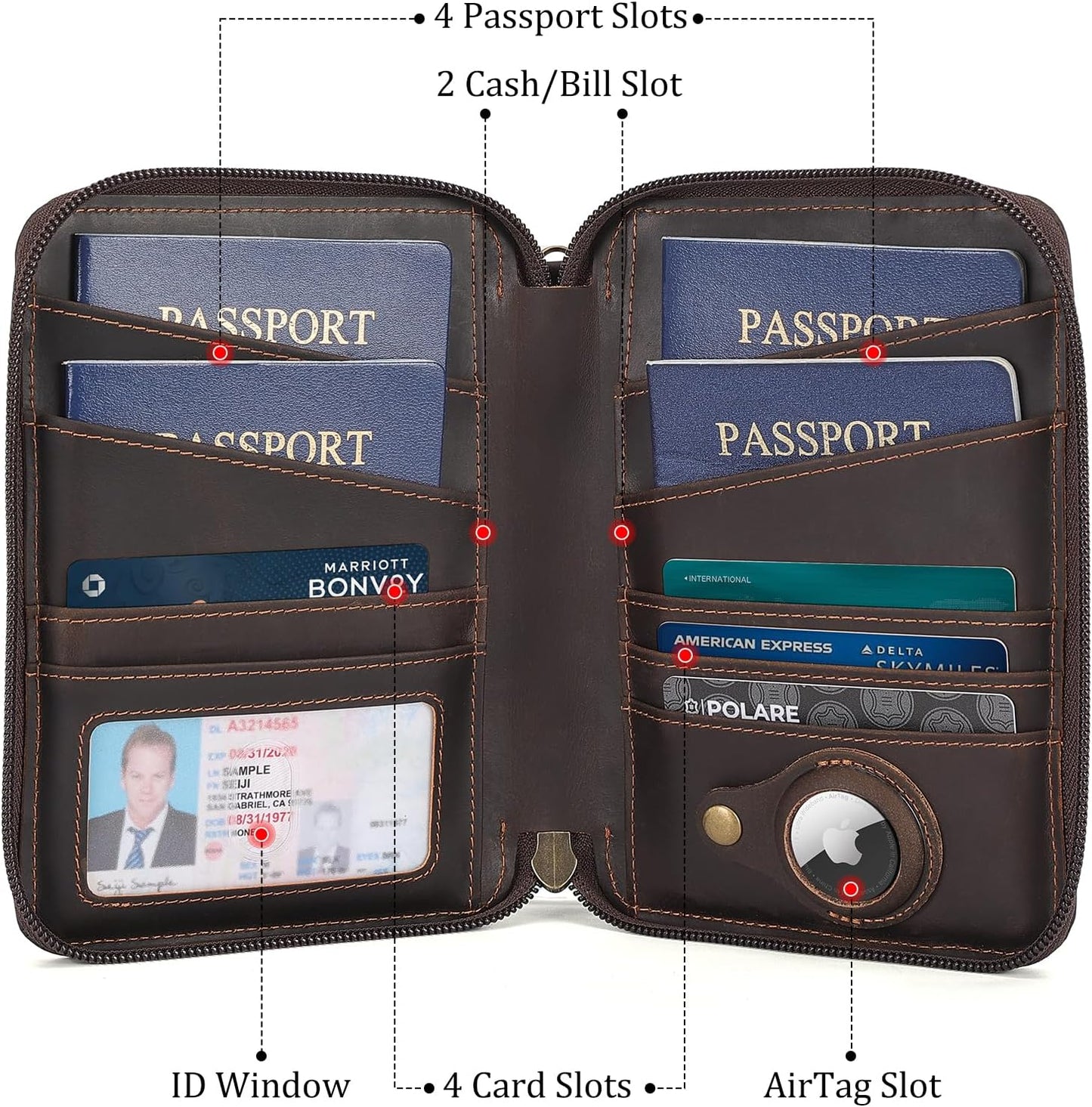 Polare Full Grain Leather Family Passport Wallet for 4 Passports, RFID Blocking Bifold Passport Cover Travel Document Organizer Holder for Women and Men (Dark Brown with AirTag Slot)