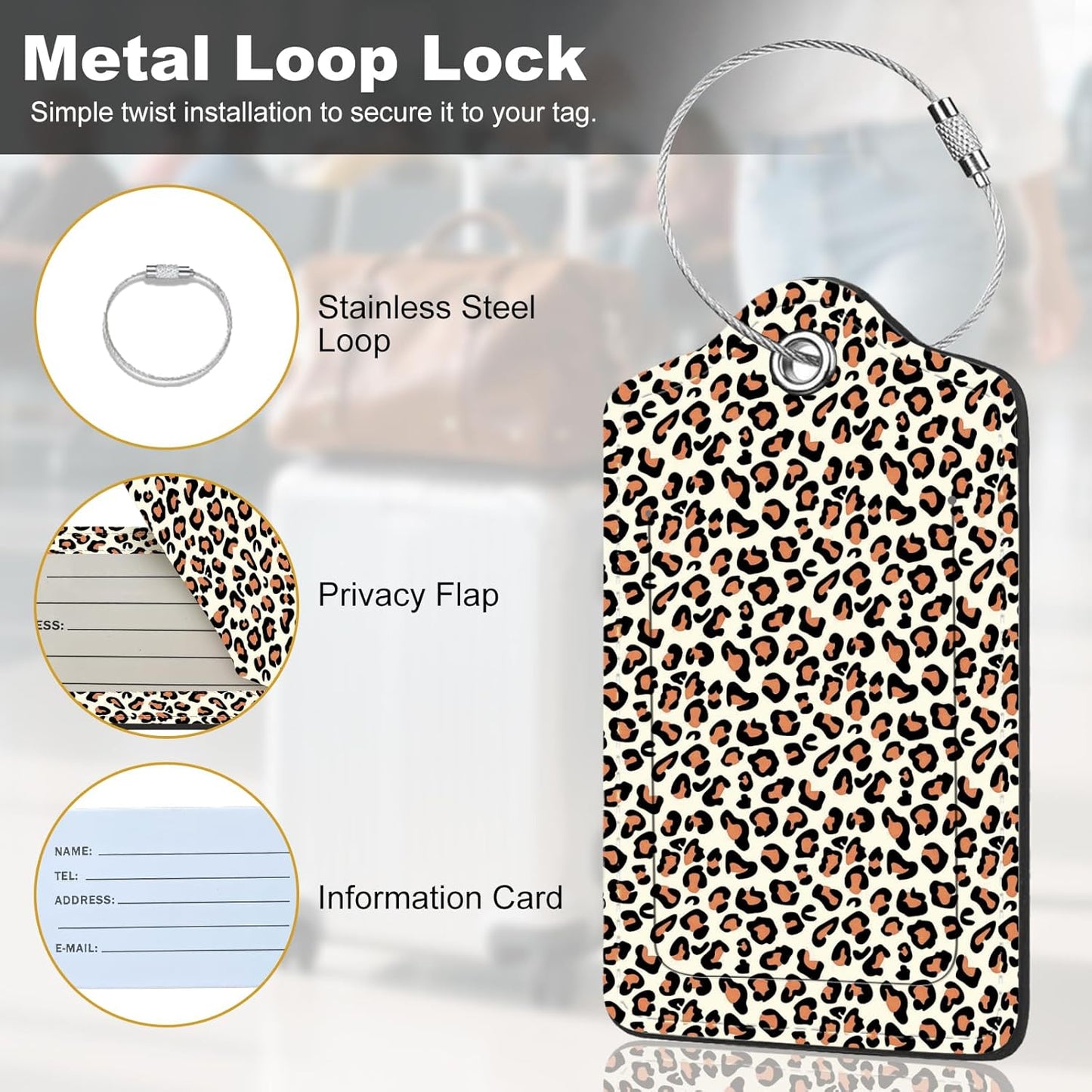 2Pack Luggage Tags for Suitcases, Cute Unique Pu Leather Cruise Luggage Tag with Privacy Cover ID Label Address Card and Metal Ring Suitable for Women Men Kids Travel Bag Leopard Print