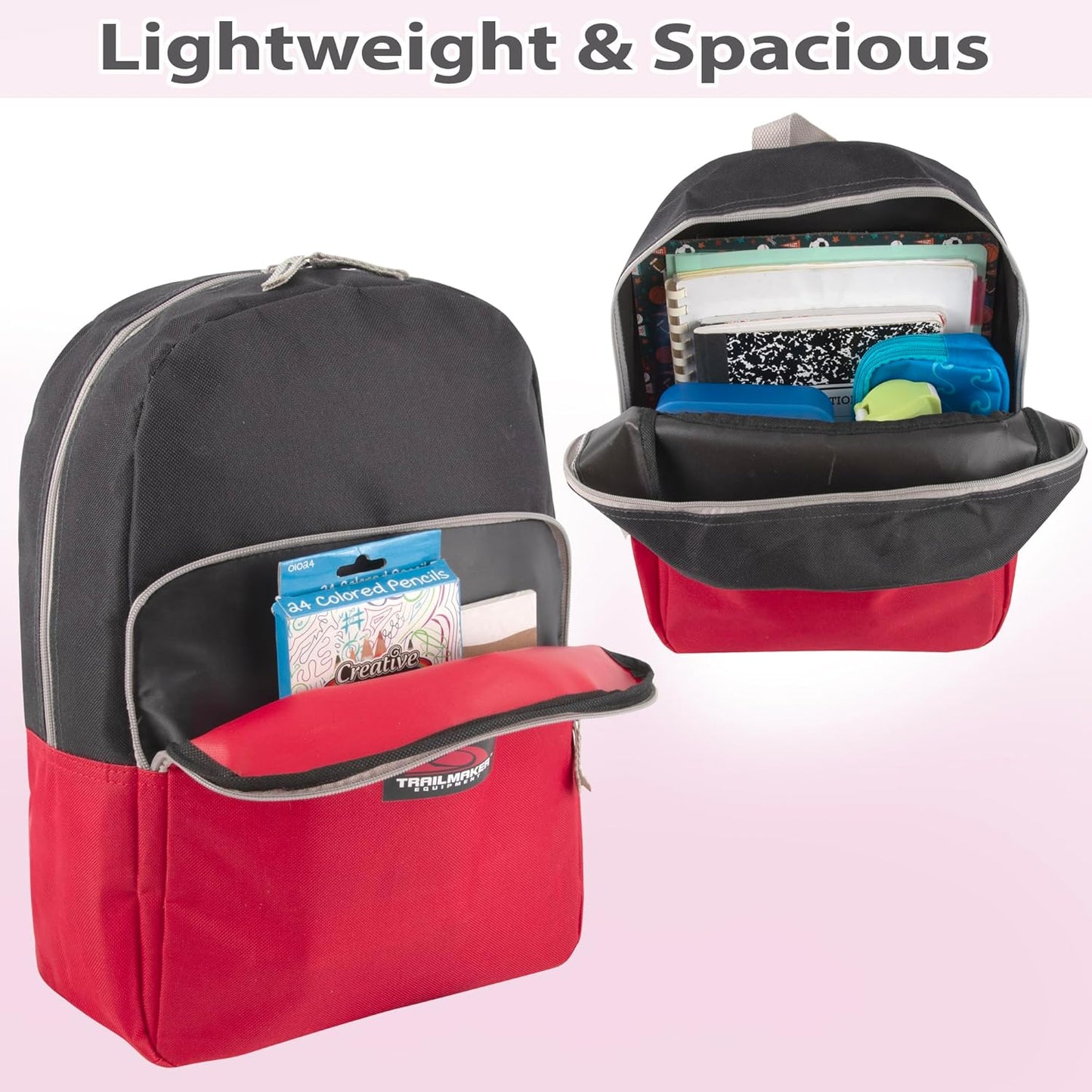 Color Block Backpacks for School Boys and Girls, 15 Inch Two Tone Colorful Small Travel Backpack for Kids (Red)