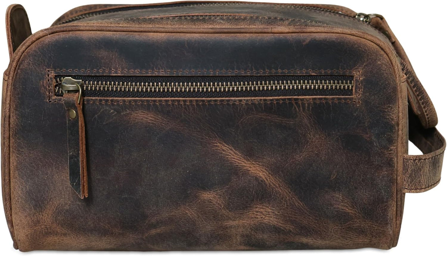 KomalC Leather Toiletry Bag For Men & Women, Handcrafted Buffalo Leather Travel Kit, Water-Resistant Shaving Bag For Men Travel, Premium Rustic Toiletry Pouch with Zipper Closure