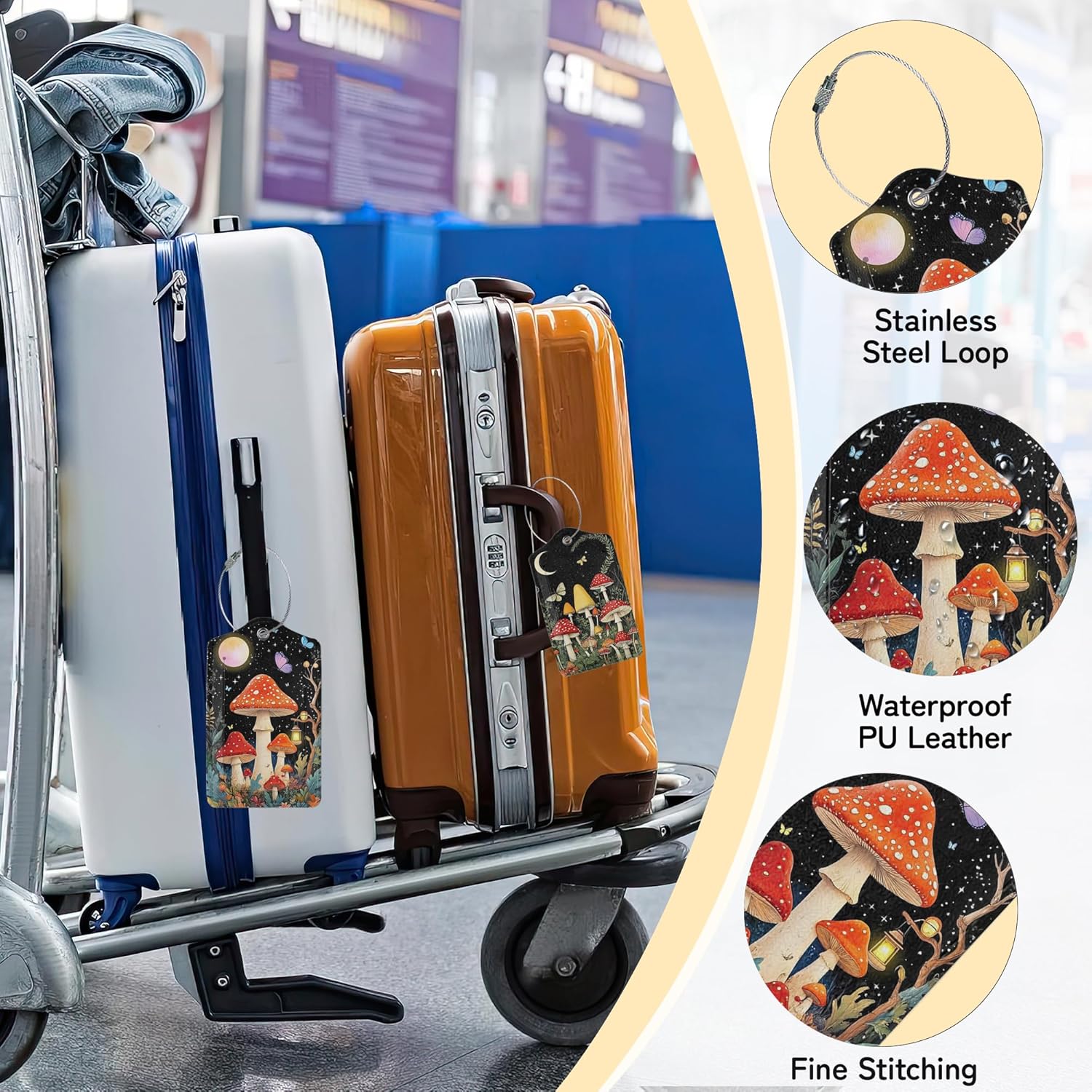 3 PCS Mushroom Luggage Tags,Colorful Butterfly Moon Star Suitcase Tags Privacy Cover ID Label with