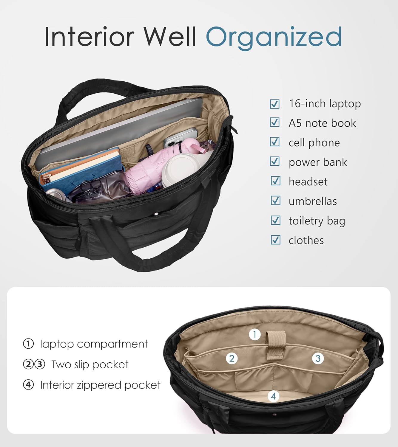 Tote Bag for Women with Zipper, Quilted Puffer Tote Bag with Compartments, Lightweight Puffy Work Bags for Women Travel