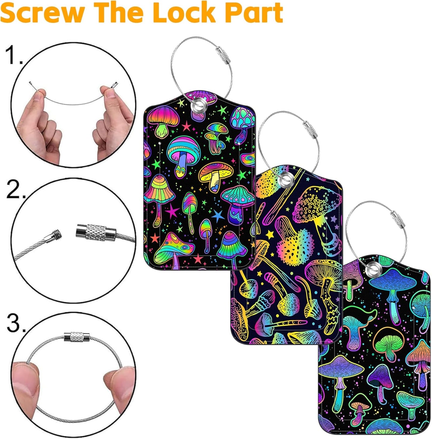3 Pack Luggage Tag for Suitcase Colorful Mushrooms Leather Travel Cruise Luggage Tag with Stainless Steel Loop Name ID Label Privacy Cover for Adults Teens Travel Bag Labels Set