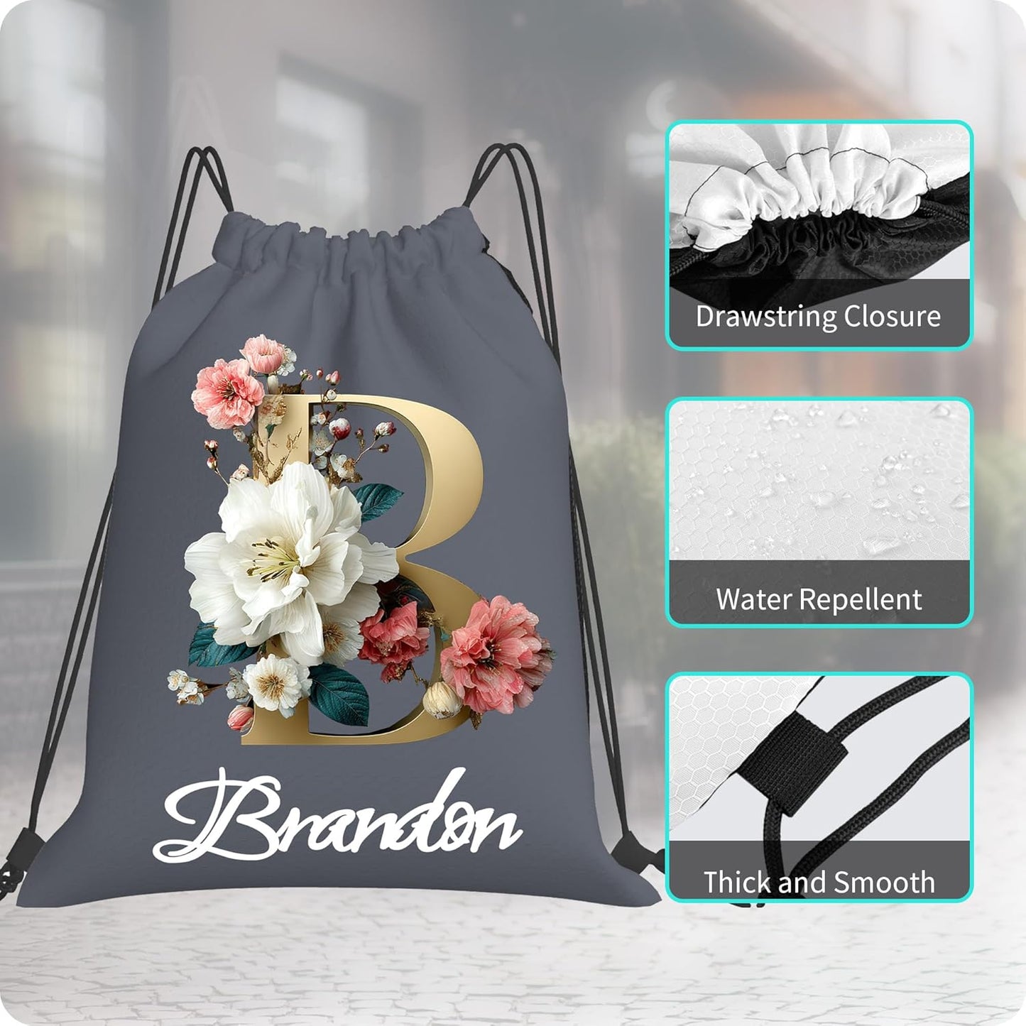 Personalized Drawstring Bag with Your Name Drawstring Backpack for Men Women Small Gym Beach Shopping Sport Yoga Bag (Letter 2)