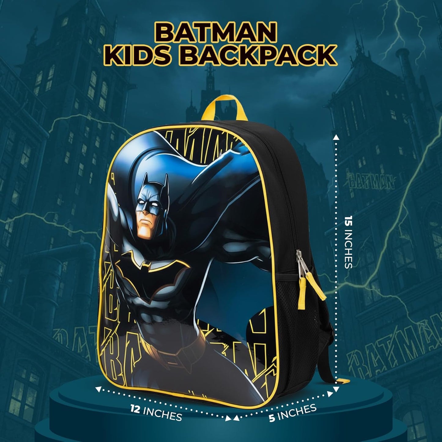AI ACCESSORY INNOVATIONS Batman Kids Backpack, Dark Knight Superhero 15" School Bag for Boys, Black