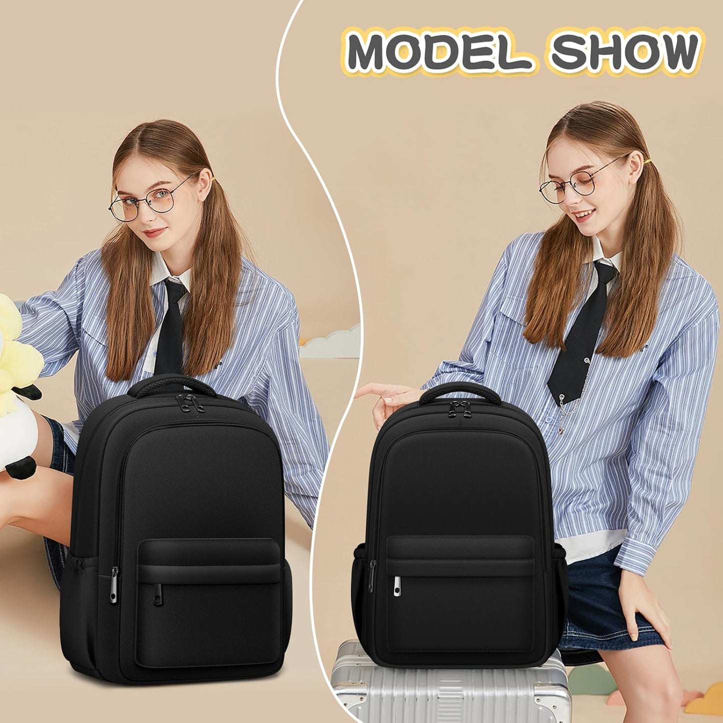 Aesthetic Cute Backpack for School Kids Bookbags Student Black Backpacks for Teen Girls Preppy Casual Middle School Bag