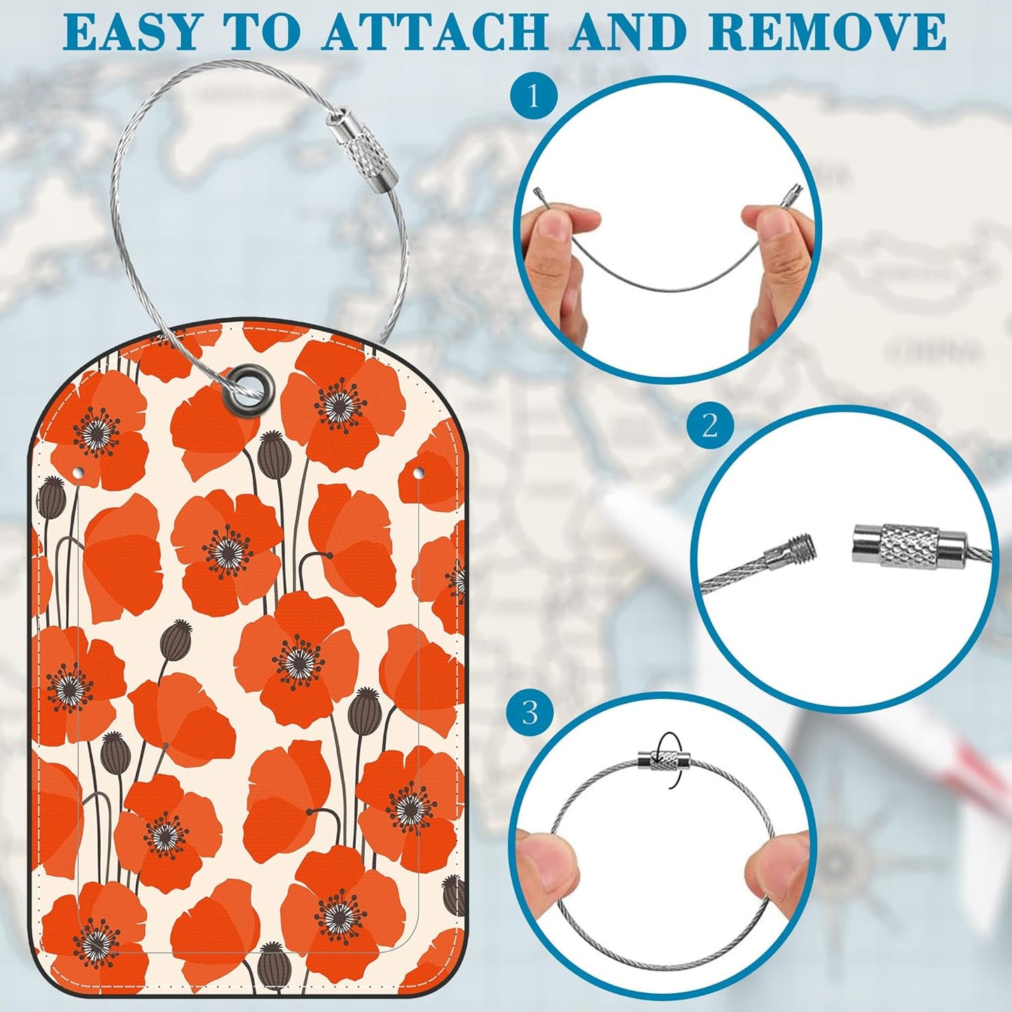 2 Pack PU Luggage Tags for Suitcase, Vintage Poppy Flower Suitcase Tag Leather ID Label Bag Tags with Privacy Cover and Metal Loop for Men Women Travel Bag