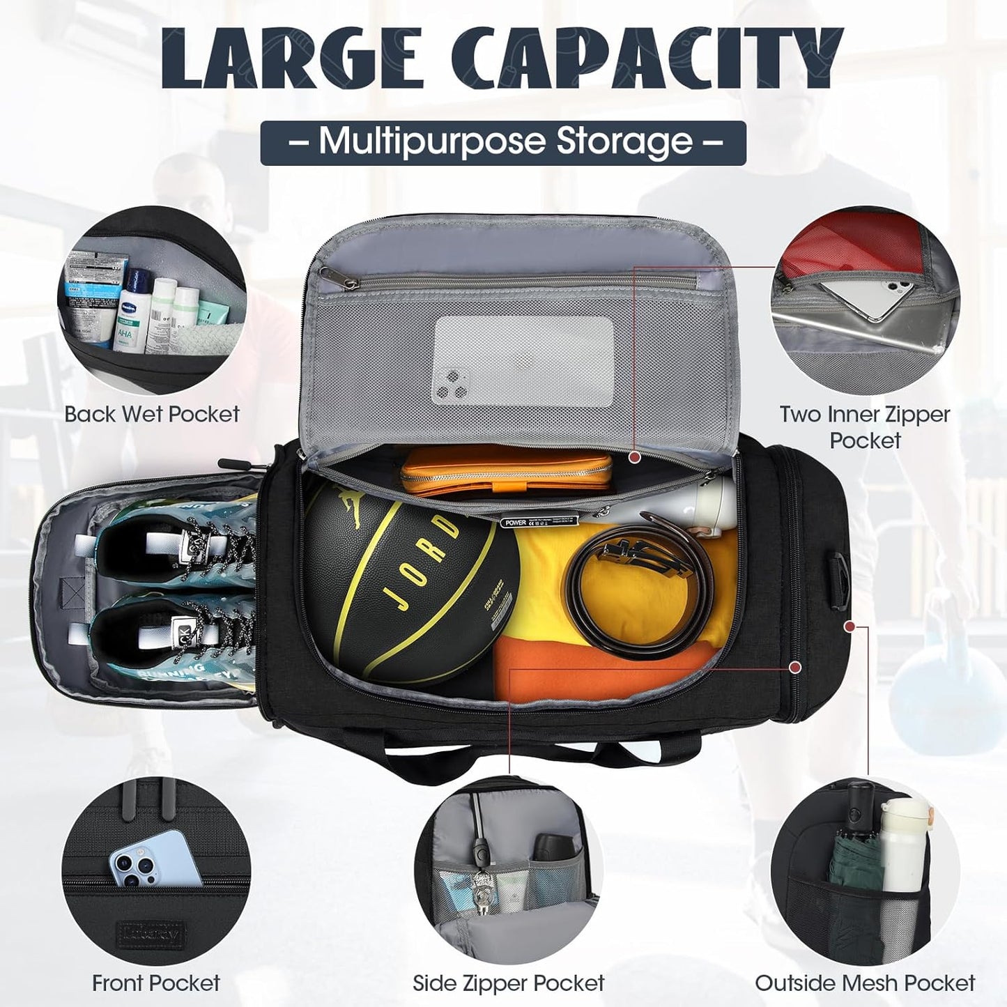 IGOLUMON Gym Bag for Men 40L Sports Duffel Bags Gym Duffle Bag Women with Shoe Compartment & Wet Pocket Water Resistant Travel Duffel Bag Lightweight Weekender Overnight Bag Black