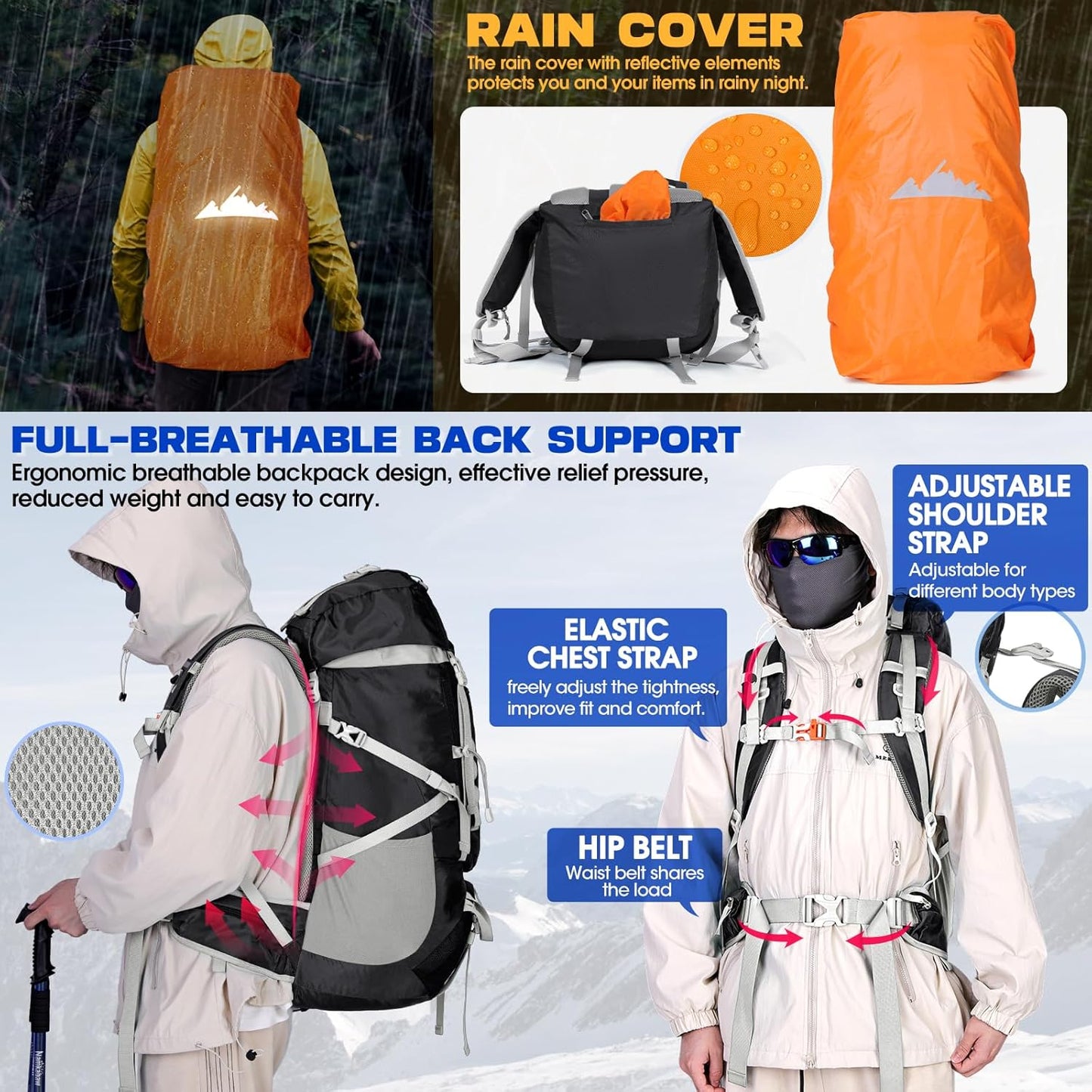 IGOLUMON 60L Hiking Backpack Waterproof Camping Backpack with Rain Cover Large Lightweight Backpacking Backpack for Men Women