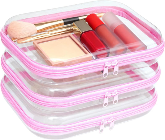3PCS Clear Hard Plastic Zipper Case, Double Zippers Hard Pouch, Portable Travel Organizer Bin Clear Makeup Bag for Toy Storage, Snack Bag, Cosmetics, Pencil Case, Diaper Bag, Toiletry Bag