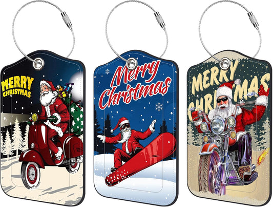 3 Pack Luggage Tag for Suitcase Cute Santa Claus Leather Travel Cruise Luggage Tag with Stainless Steel Loop Name ID Label Privacy Cover for Adults Teens Travel Bag Labels Set