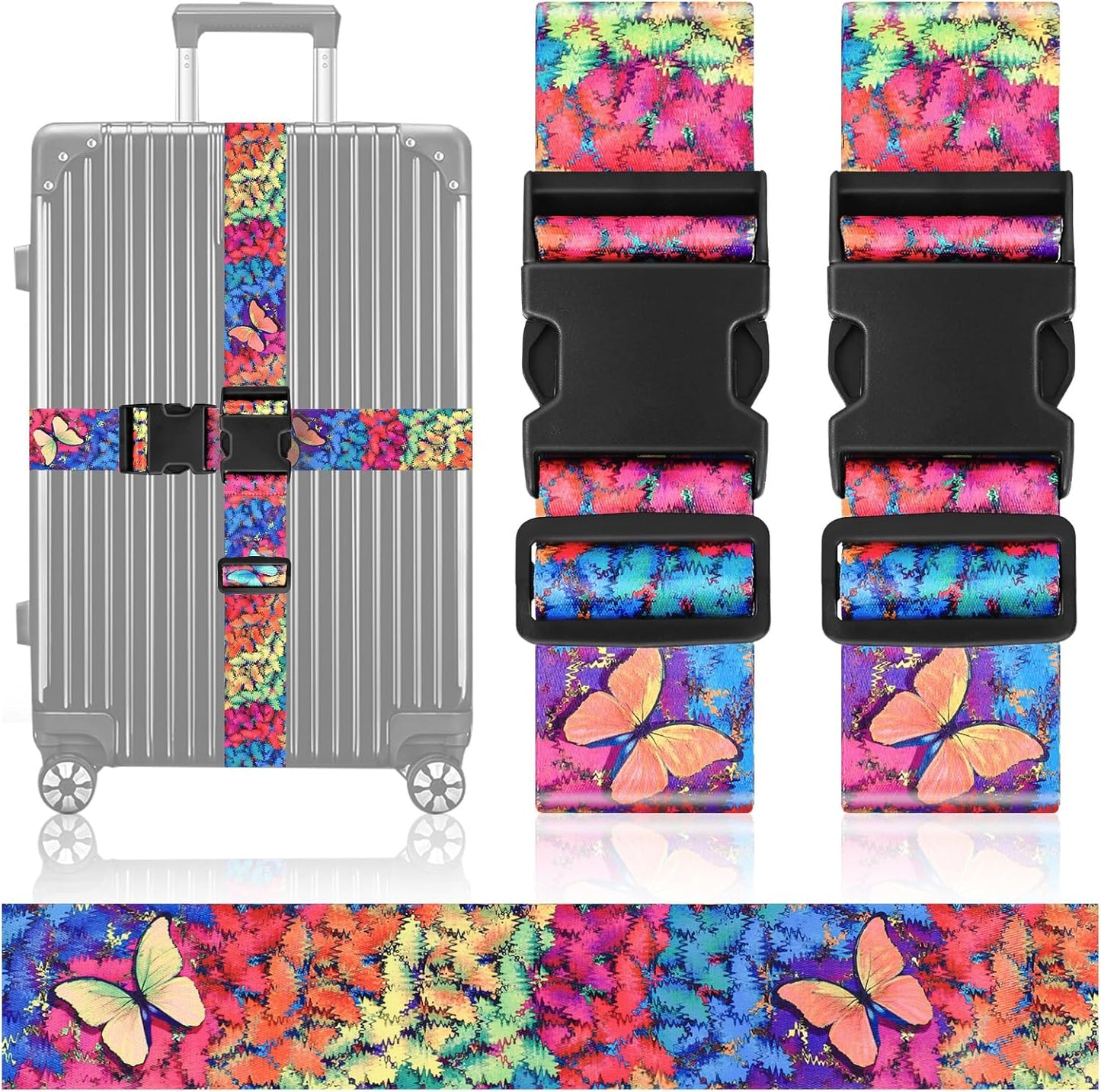 BILIONE Vibrant Flowers-Pattern Luggage Straps for Suitcases, Travel Belt Accessories Luggage Identifiers Adjustable Nylon Suitcase Belts for Travel 2 Pack (Butterfly)