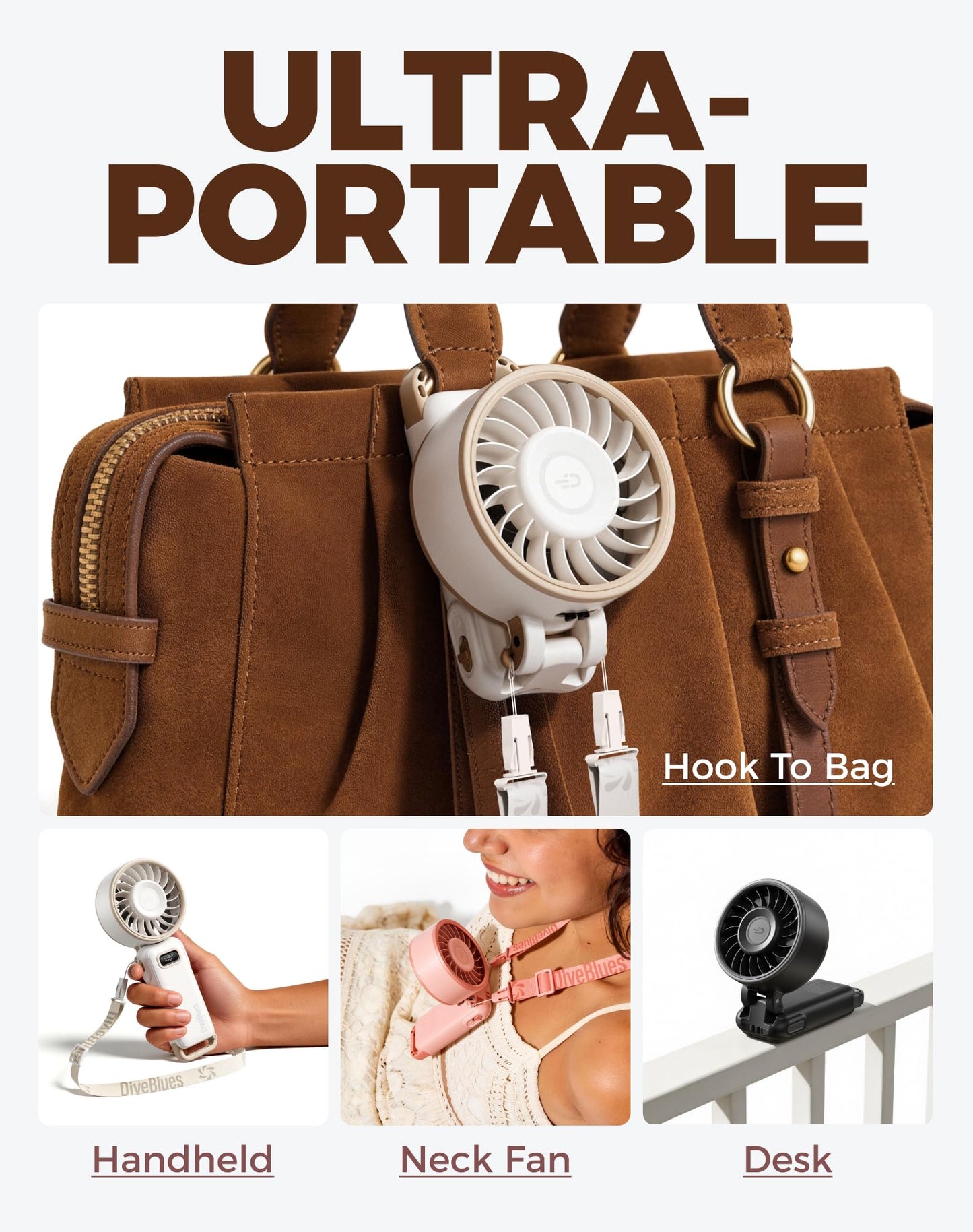 Diveblues Portable Turbo Fan, 100 Speed Handheld Fan with Strong Airflow, Foldable 4 in 1 Personal