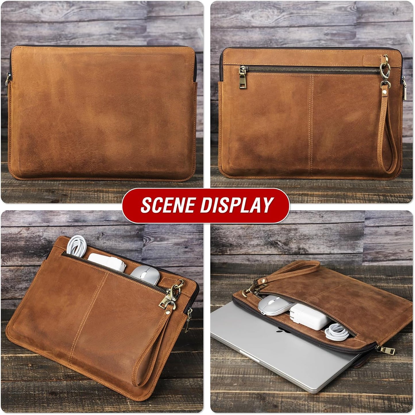Top Grain Leather 14.2" Slim Laptop Sleeve Case Bag, Vintage Design with 2 Zip Pockets, Handmade